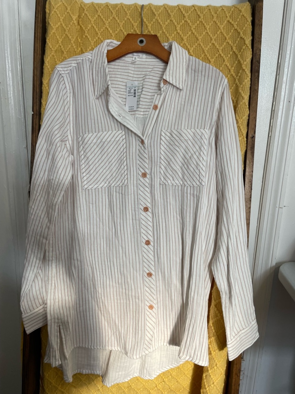Maurices Cream Button-Down Shirt with Light Brown Stripes